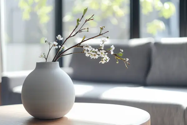 Modern iç mekânda beyaz çiçekli güzel bir buket.