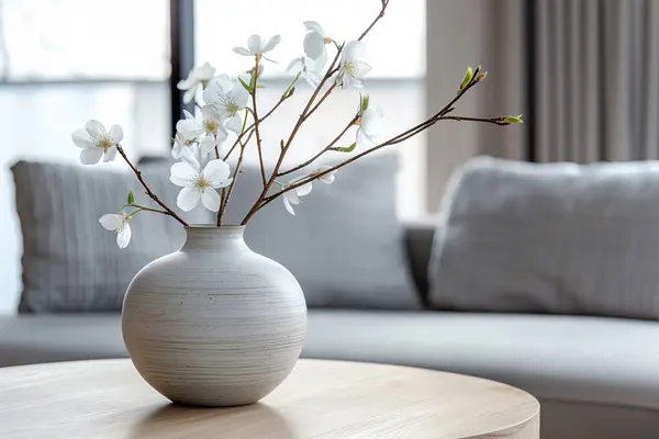 Masanın üzerinde bir buket çiçek ve odada bir vazo. iç tasarım.