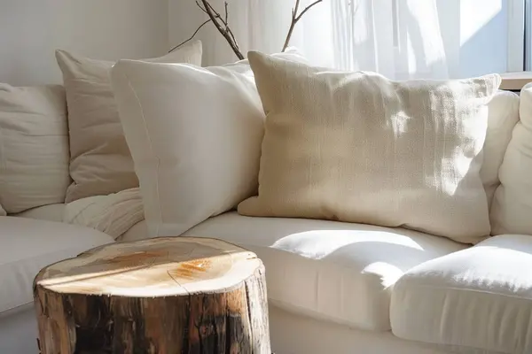 Oturma odasının içinde yastıklar var.