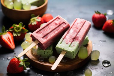 Meyve ve buzlu çubukta dondurma.