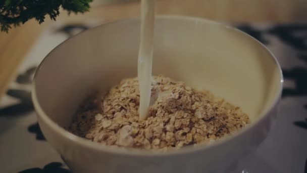 Frau Gießt Milch Eine Müsli Frühstücksschüssel Hochwertiges Fullhd Filmmaterial — Stockvideo