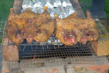 Kurban Bayramı 'nı kutlamak için mangalda ördek pişirip ızgara yapan Müslüman bir aile..