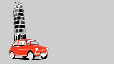Kırmızı klasik arabalı Pisa Kulesi 'nin kartpostalı. Klasik kırmızı fiat araba sidik vektör illüstrasyon kulesinin yanında..