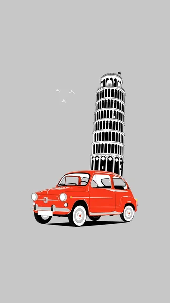 Vintage Clássico Carro Fiat Vermelho Lado Torre Pisa Ilustração Vetorial — Vetor de Stock