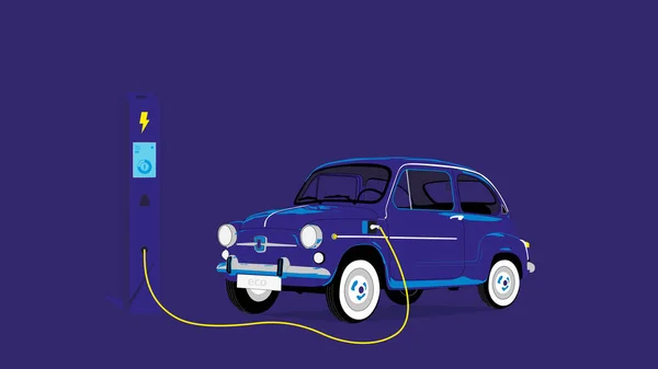 Motorlu araba elektrikli araca çevrilmiş. Klasik arabanın elektrikli araca dönüştürülmesi. Şarj istasyonunda elektrikli araç şarj bataryası.