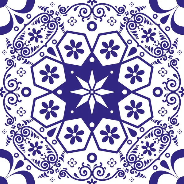 Donanma Mavi Çiçeği ve Yıldız Motifleri ile Etnik Halk Talavera Faytonu Kusursuz Geleneksel Meksika, Portekizce ve Akdeniz Büyüsü ile İspanyol Seramik Deseni