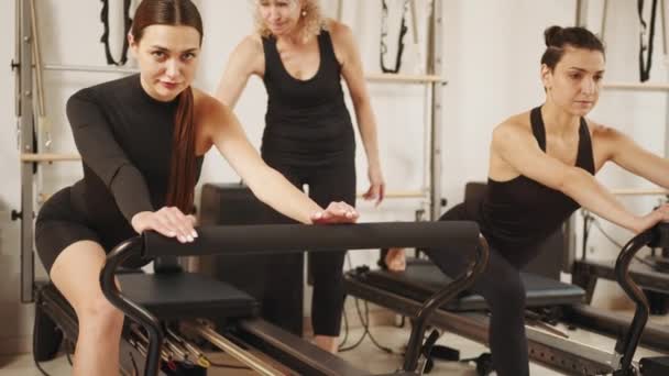 Sport Center Pilates Studio Interior Mature Athletic Woman Black Sportswear — 비디오