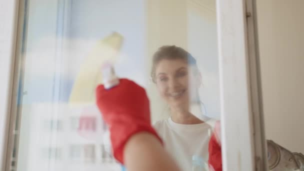 Team Workers Cleans White Windows Office Apartment Red Gloves Protective — Video Stock