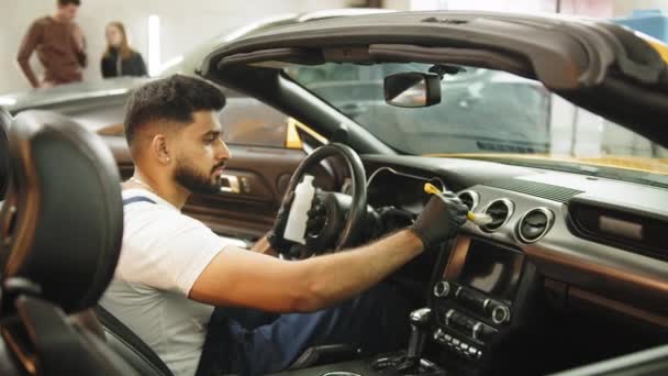 Portrait Young Bearded Male Car Detailing Worker Overalls White Shirt — Vídeo de Stock