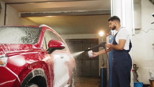 Portrait Young Bearded Man Working Clothes Car Wash Employee Washing — Stok video