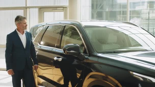 Mature Grey Hair Beard Businessman Meticulously Examining Check Polish Car — Stock Video