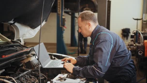Pewny Siebie Profesjonalny Mechanik Samochodowy Przy Użyciu Laptopa Komputerowego Diagnozowania — Wideo stockowe