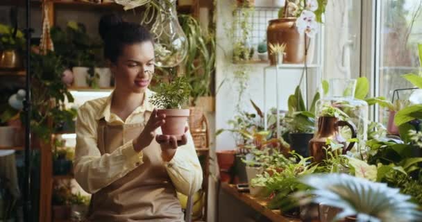 Χαμογελαστός Επιτυχημένος Ιδιοκτήτης Καταστήματος Γυναικείων Φυτών Που Στέκεται Ανάμεσα Στα — Αρχείο Βίντεο