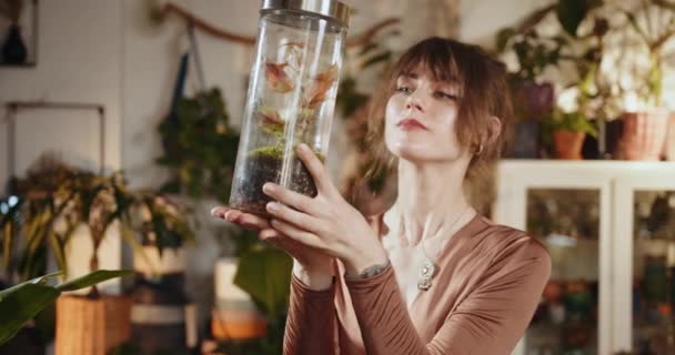 彼女の職場の植物店のガールセラーは 瓶の中の植物の世話をするツイザーで乾いた葉を取り除きます 植物店でモダンなポットで土なしで簡素な植物で働くアシスタント — ストック動画