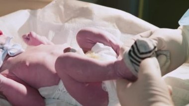 Hastanede yeni doğmuş bir bebek. Doğum uzmanı çocuk doktoruyum. Doktor, yeni doğmuş bir bebeği hayatın ilk birkaç dakikasında muayene eder. Hastanede yeni doğmuş bir bebek - yeni hayatın ilk dakikaları