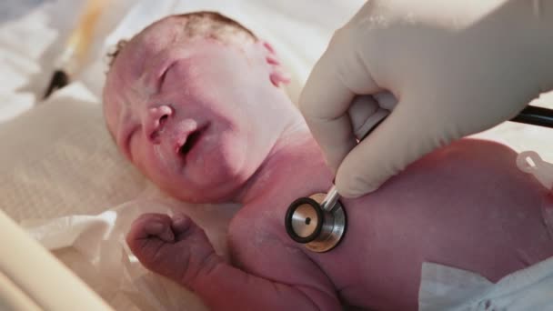 Újszülött Kórházban Szülésznői Gyermekorvos Orvos Egy Újszülöttet Vizsgál Élet Első — Stock videók