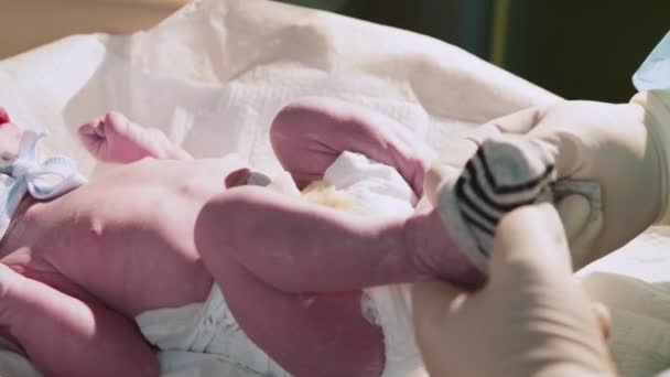 Новорожденный Ребенок Больнице Профессиональный Педиатр Врач Осматривает Новорожденного Ребенка Первые — стоковое видео