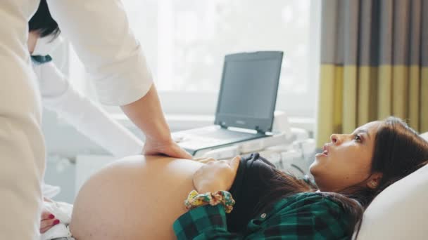 Kobieta Ciąży Jest Zadowolona Wizyty Ginekologa Dla Konsultanta Ciąży Koncepcja — Wideo stockowe