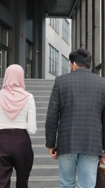 Vertical Screen Portrait Muslim Woman Man Walking Together Modern Office — Stock Video