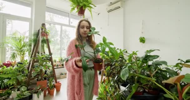 Ambiente Interior Luminoso Lleno Plantas Una Joven Mujer Disfruta Pasión — Vídeo de stock