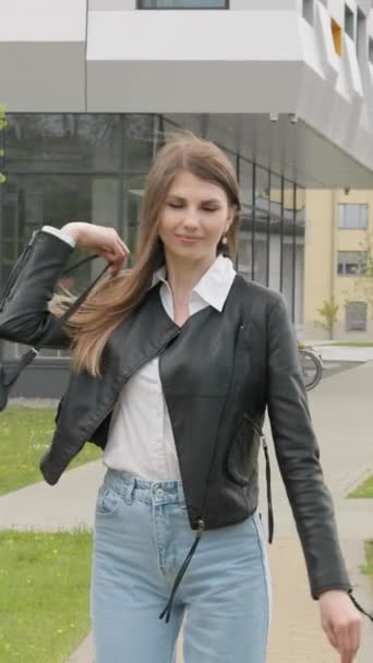 Vertical Screen Young Girl Student Teenager Leather Jacket Backpack Stylishly — Stockvideo