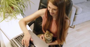 Genç serbest çalışan kadın ve dizüstü bilgisayarlı kedisi. Genç bir kadın evde dizüstü bilgisayarında çalışırken meraklı bir kedi yanında oturuyor. Arkadaşlık ve teknolojinin kusursuz bir şekilde harmanlandığı an.