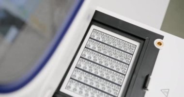 Laboratuvar teknisyeni eldiven takıyor. Bilimsel analiz için mikro levhayı otomatiğe yerleştiriyor. Doğru araştırma ve geliştirme için modern laboratuvar kurulumu. Analiz için Laboratuar Ekipmanı