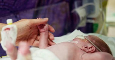 Bir sağlık uzmanı, yenidoğan yoğun bakım ünitesinde prematüre bir bebeğe bakım sağlıyor. Sağlık Bakımındaki İhale Anı Duygusal Bakım Süresinde Yeni doğan bir bebek için Bakım Dokunuşu