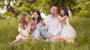 Portrait of positive young parents with two little daughters tasting red apples at green garden. Leisure time with family. Summertime and joyful mood. Parents with kids eating red apples on picnic.