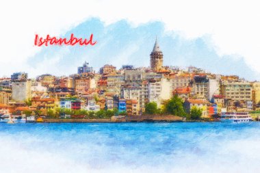 Istanbul, Turkey. View of the Galata Tower, old buldings, Beoglu district and the Golden Horn
