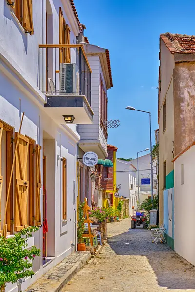Bozcaada, Türkiye, 17 Temmuz 2024, eski güzel evleri ve parlak çiçekleri olan renkli sokaklar, adanın caddelerinde yürüyen turistler
