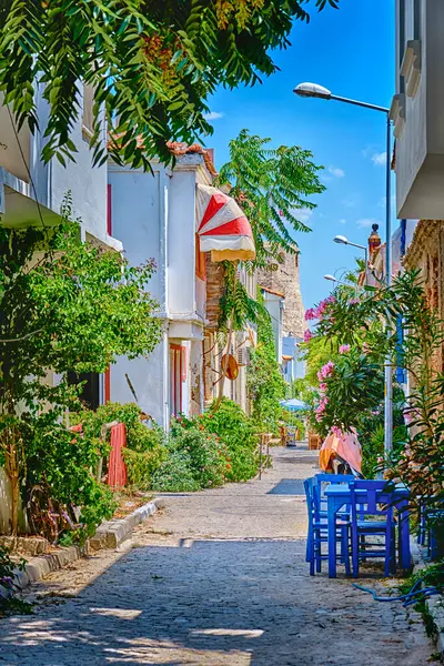 Bozcaada, Türkiye, eski güzel evleri ve parlak çiçekleri olan renkli sokaklar,