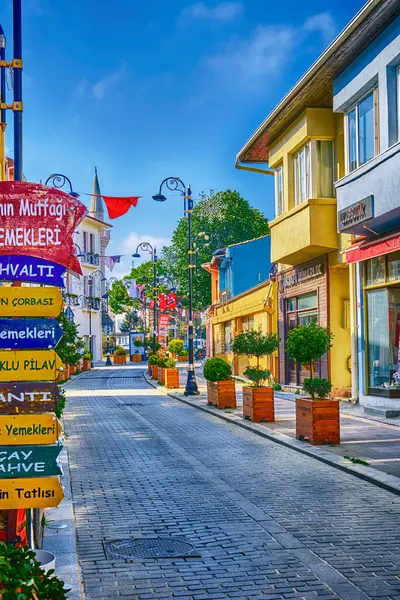 Sile, Türkiye, 8 Temmuz 2024, dükkanları ve restoranları olan şehir merkezi. Deniz kenarında güzel evleri ve parlak çiçekleri olan bir cadde.