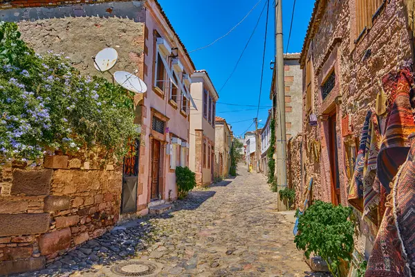 Ayvalik, Türkiye. Güzel evleri ve Kunda Adası 'nda parlak çiçekleri olan renkli sokaklar.