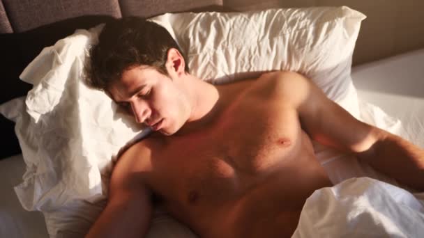 Handsome Shirtless Athletic Young Man Laying Bed Morning Eyes Closed — Stock Video