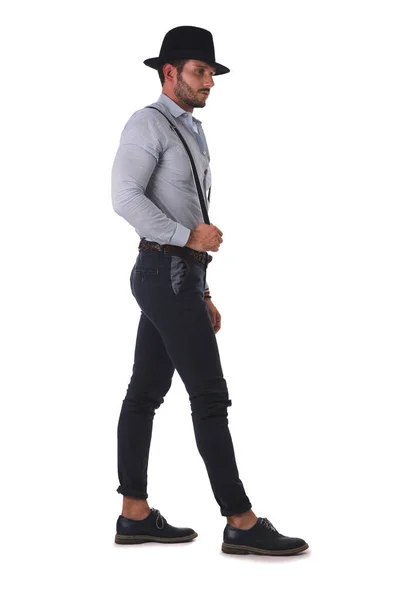 Handsome Man Shirt Suspenders Hat Glasses Studio Isolated White Whole — Stock Photo, Image