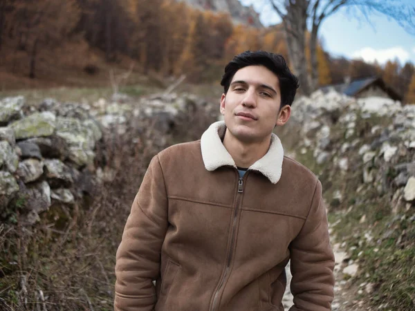 Attractive Young Man Mountains Autumn Winter Cold Weather Wearing Suede — Stock Photo, Image