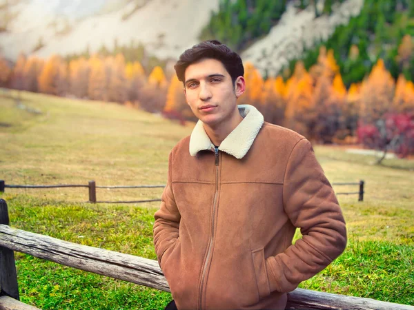 Attractive Young Man Mountains Autumn Winter Cold Weather Wearing Suede — Stock Photo, Image