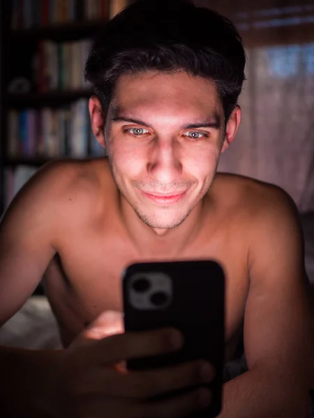 Attractive Young Man Night Illuminated Light Screen Cell Phone Home — Stock Photo, Image