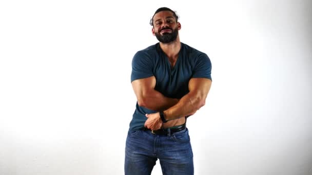 Bodybuilder Handsome Man Undressing Taking Shirt White Background Revealing Muscular — Stockvideo