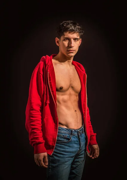 Athletic Young Man Undressing Open Red Hoodie Sweater Naked Muscle — Stok fotoğraf