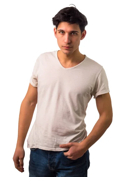 Handsome Fit Young Man Standing White Background Looking Camera Piercing — Stock Photo, Image