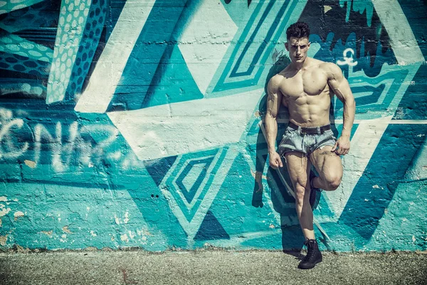 Attractive Young Shirtless Muscle Man Leaning Colorful Graffiti Wall Wearing — Stock Photo, Image