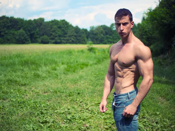 英俊的赤身露体的年轻浑人站在大自然的草地上 在看相机时显示健康肌肉体 — 图库照片