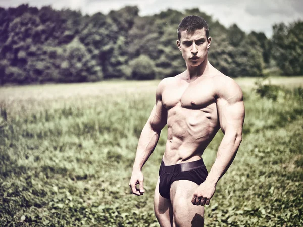 草の上に立っているハンサムな筋肉のシャツレスの若いハンクマン屋外 外を見ながら健康な筋肉体を表示する — ストック写真