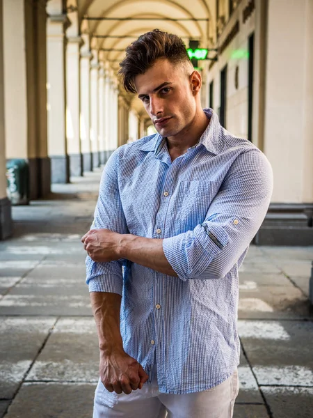 One Handsome Elegant Young Man Urban Setting Wearing Shirt European — Stock Photo, Image