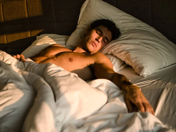 Handsome Shirtless Athletic Young Man Laying Bed Night Eyes Closed — Stock Photo, Image