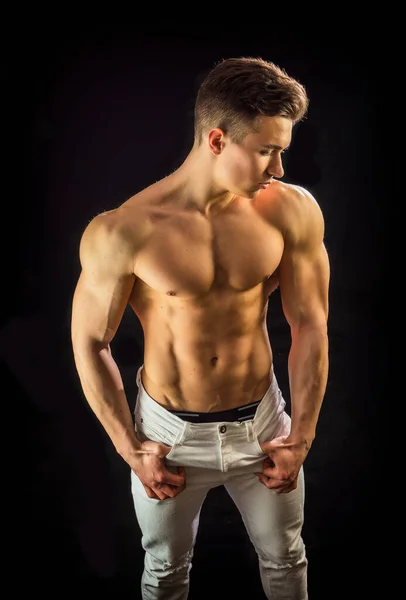 Handsome Muscular Young Main Studio Shot Shirtless Looking Isolated Black — Stock Photo, Image