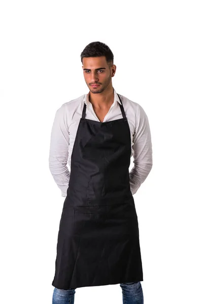Young Chef Waiter Posing Welcoming Guests Smile Wearing Black Apron — Stock Photo, Image