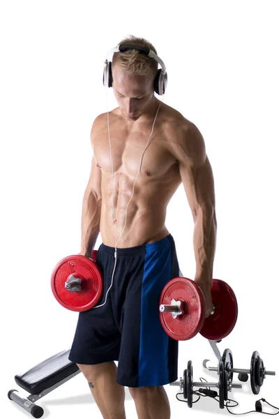 Portrait Muscular Blond Young Man Lifting Weights Listening Music Headphones — Stock Photo, Image